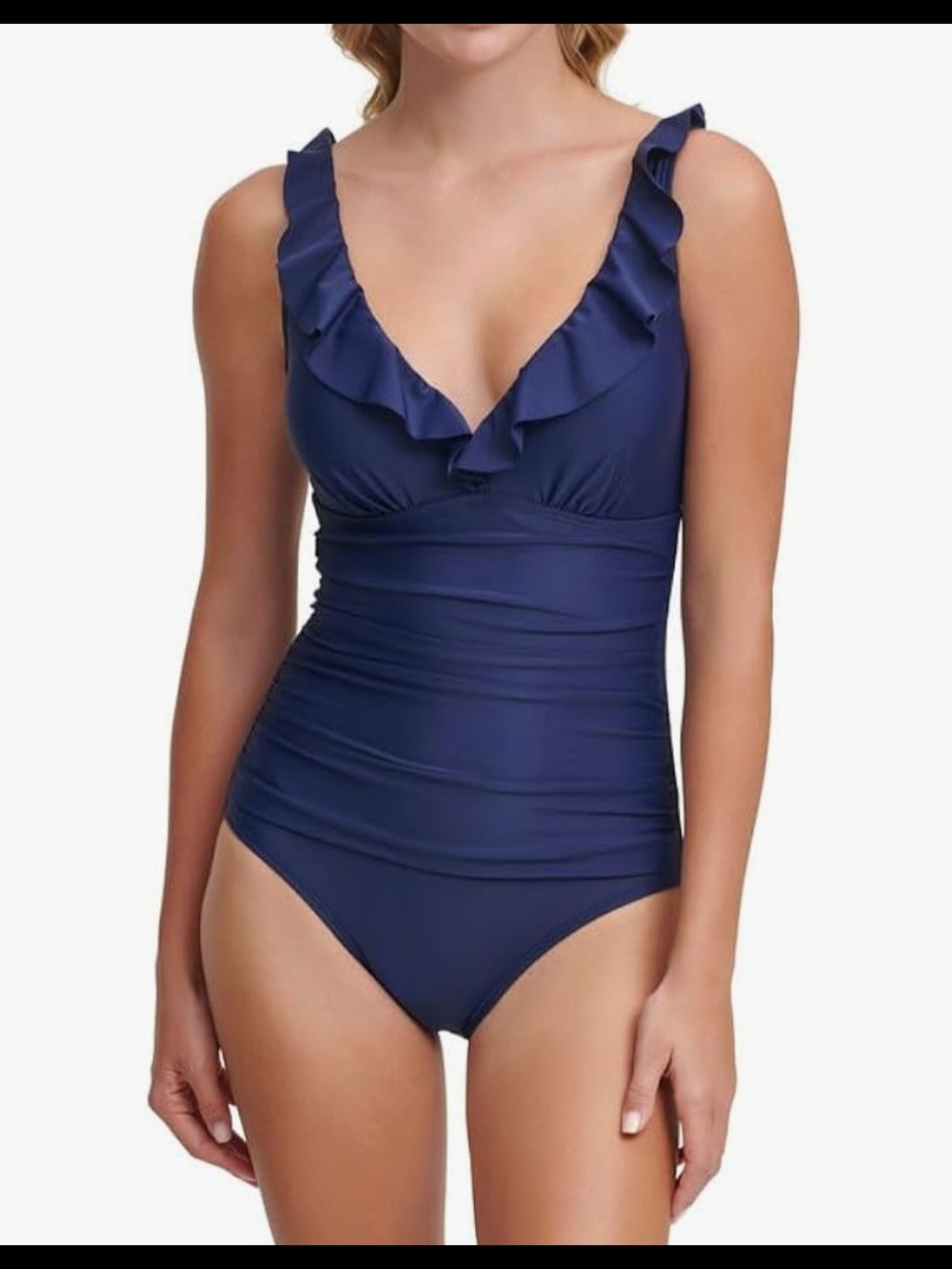 DKNY Navy Ruffle V-Neck One-Piece Swimsuit
